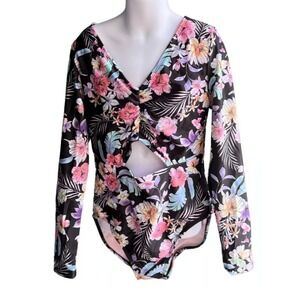 Art Class Swimsuit Girls XL (14) Black Floral Tropical Beach Long sleeves Zipper